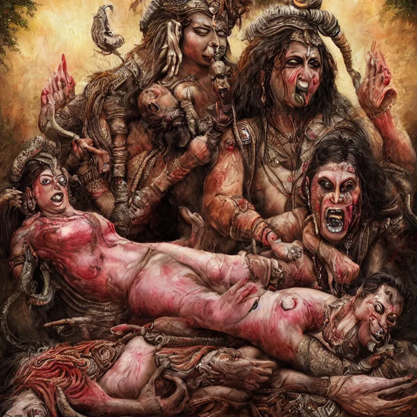 Image similar to portrait of kali with her tongue sticking out standing over the corpse of shiva, digital art, hyperrealistic nightmare scene, supernatural, highly detailed, creepy, terrifying