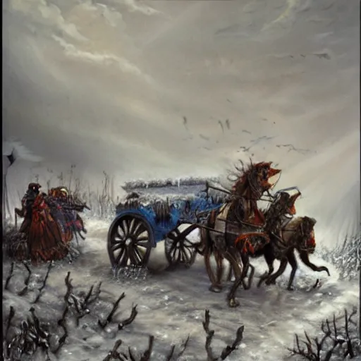 Prompt: painting of zombies attacking a carriage on a winter road, dark fantasy, high detail, realistic