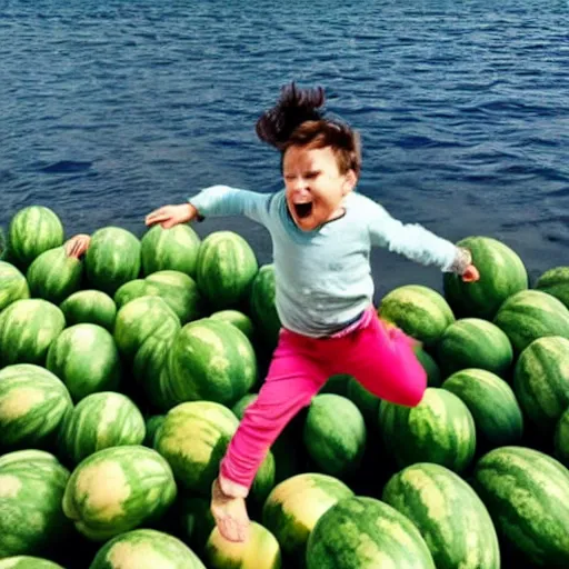 Prompt: a child jumped into an ocean of watermelons