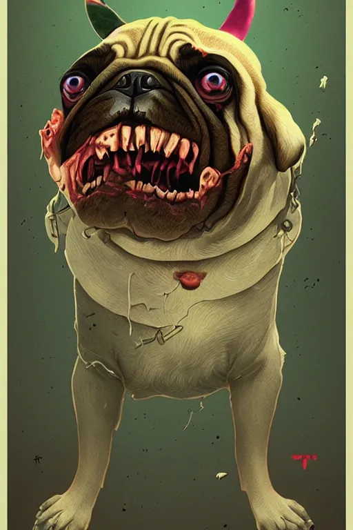 Image similar to demon pug eating flesh. art by mike winkelmann, sticker, illustration, highly detailed,