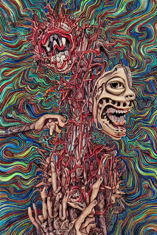 Prompt: Human Skin Ripping Apart, Conjuring Psychedelic Illustration by Shintaro Kago, ultra realistic, highly detailed, hypermaximalist, symmetrical, grotesque, vibrant,