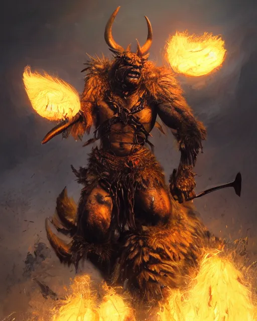 Image similar to oil painting of Angry Anthropomorphized Cow Berserker, wearing fur armor, claws, sharp focus, attack pose, fantasy style, octane render, volumetric lighting, 8k high definition, by greg rutkowski, highly detailed, trending on art Station, magic the gathering artwork, burning Battlefield background, centered