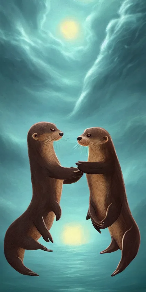 Image similar to adorable otters falling in love holding hands side by side, all alone in the middle of a scary storm at sea, fantasy illustration, cinematic, award winning, romantic, detailed trending on artstation, masterpiece