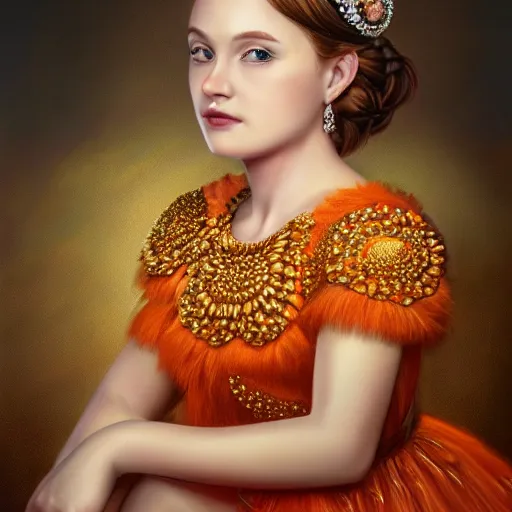 Prompt: An ultra realistic portrait painting of Princess Daisy wearing his orange dress and golden tiara, 4k, Ultrarealistic, Highly Detailed, Dark Fantasy, Epic Lighting