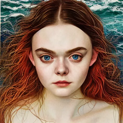 Prompt: professional painting of Elle Fanning on the beach in the style of Conrad Roset and Dino Valls and Hikari Shimoda, head and shoulders portrait, symmetrical facial features, smooth, sharp focus, illustration, intricate, stormy weather, extremely detailed masterpiece,