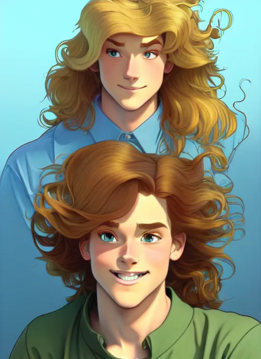 Prompt: young man with long, curly, golden hair, aquamarine eyes, natural lighting, path traced, highly detailed, high quality, cartoon, digital painting, by don bluth and ross tran and studio ghibli and alphonse mucha