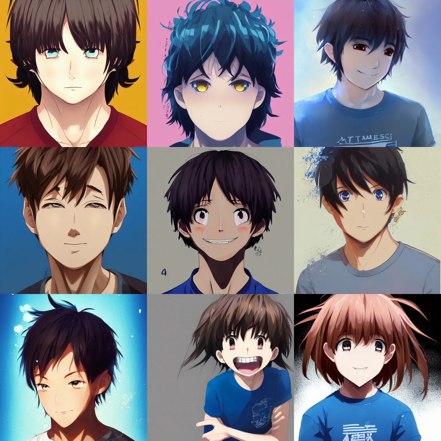 Image similar to A medium shot anime portrait of a happy anime man with extremely short walnut hair and blue eyes, wearing a t-shirt, his whole head fits in the frame, head shot, solid background, by Stanley Artgerm Lau, WLOP, Rossdraws, James Jean, Andrei Riabovitchev, Marc Simonetti, and Sakimi chan, trending on artstation