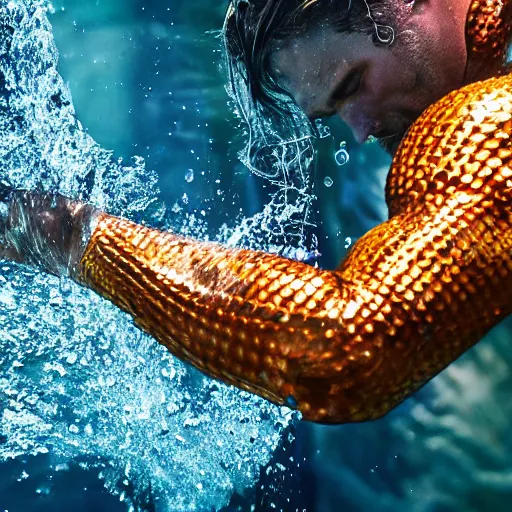 Image similar to aquaman in emotional movement, underwater photography and light scattering, water refractions turned out impressive imho,