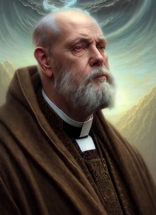 Prompt: closeup portrait shot of a victorian priest in a scenic mystery environment, intricate, elegant, highly detailed, centered, digital painting, artstation, concept art, smooth, sharp focus, illustration, artgerm, tomasz alen kopera, peter mohrbacher, donato giancola, joseph christian leyendecker, wlop, boris vallejo