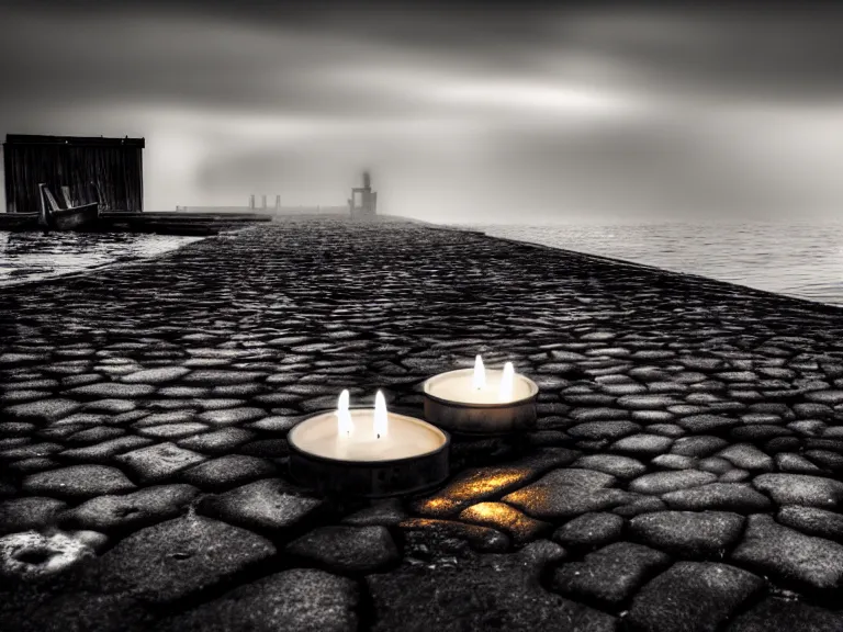 Image similar to a forgotten wharf on a cold sea by zacharias aagaard and magali villeneuve, hyperrealism, high contrast, low light, desaturated, grey mist, cobblestones, orange candle flames, volumetric lighting