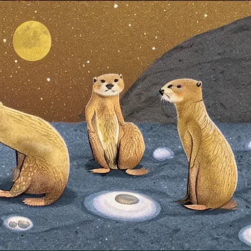 Image similar to otters having a swanky party on the moon