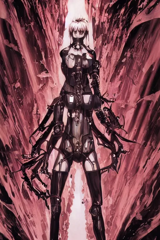 Image similar to highly detailed professional seinen mecha manga cover art of goth woman with red hair, red eyes, leather clothes, black makeup. chunibyo. horror action cyberpunk action manga cover promotional art. detailed intricate environment. pencils by ilya kuvshinov, painted by zdzislaw beksinski, inks & layouts by tsutomu nihei. blame!