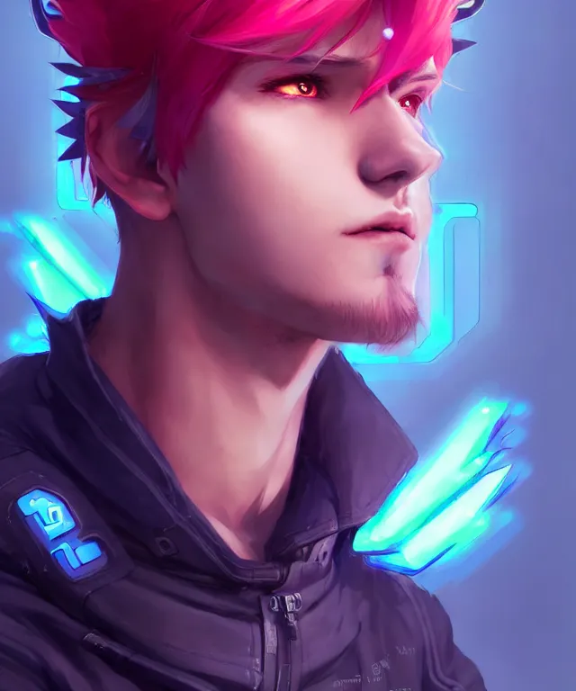 Image similar to character concept art of a cute cyberpunk boy with colorful hair and wolf ears | | cute - fine - face, pretty face, key visual, realistic shaded perfect face, fine details by stanley artgerm lau, wlop, rossdraws, james jean, andrei riabovitchev, marc simonetti, and sakimichan, trending on artstation