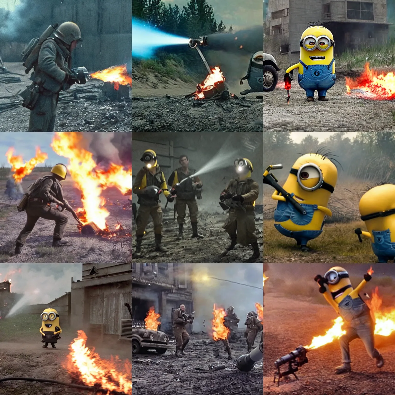 Prompt: movie still of minions using flamethrower to clear a bunker from saving private ryan