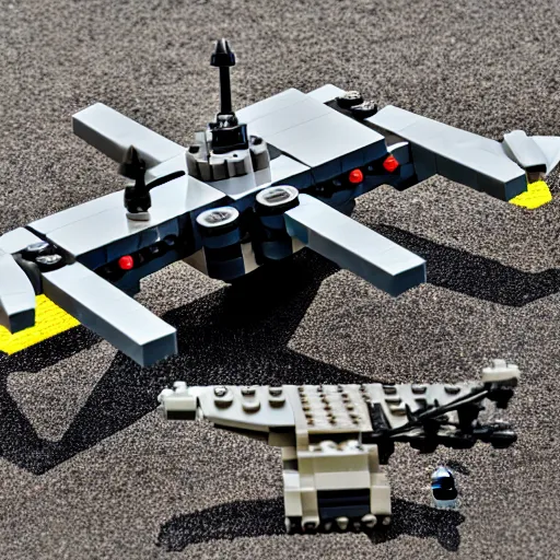 Image similar to military drone made of lego, toy, high resolution photo