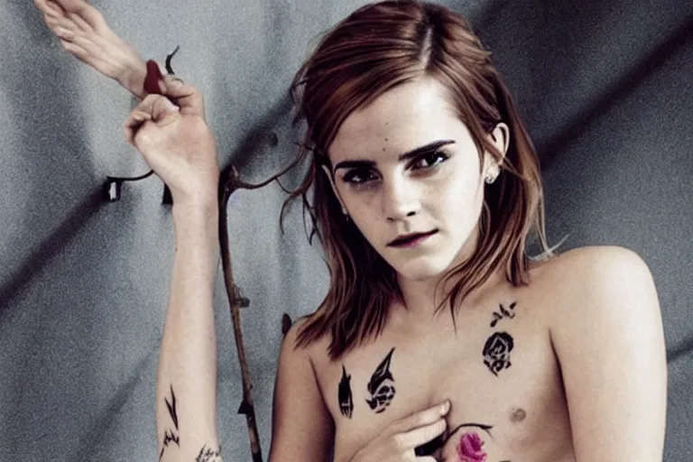 Image similar to emma watson, dope tattoo, hyperrealistic