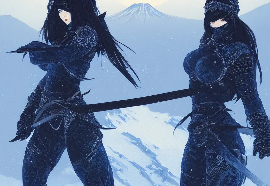 Image similar to portrait ninja gaiden girl, black and blue ninja wardrobe, at snowy fuji mountain sunrise, ssci - fi and fantasy, intricate and very very beautiful, detailed, digital painting, artstation, concept art, smooth and sharp focus, illustration, art by tian zi and wlop and alphonse mucha