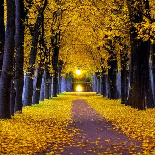 Image similar to Autumn night, Full moon,, path surrounded by trees with yellow leafs, beautiful