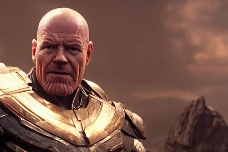 Prompt: promotional image of bald Bryan Cranston as Thanos in Avengers: Endgame (2019), dynamic action shot, movie still frame, promotional image, imax 70 mm footage