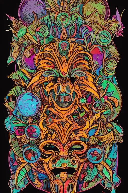 Image similar to animal mask totem roots flower tribal feather gemstone plant wood rock shaman vodoo video game vector cutout illustration vivid multicolor borderlands comics by josan gonzales and dan mumford radiating a glowing aura