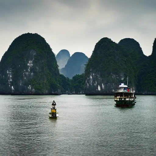 Image similar to 8k photograph of the Loch Ness monster in halong bay, Vietnam. National Geographic.