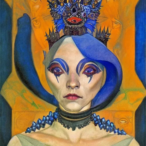 Image similar to the raven queen in her crown, by Annie Swynnerton and Nicholas Roerich and Diego Rivera, blue skin, elaborate costume, geometric ornament, rich color, dramatic cinematic lighting, smooth, sharp focus, extremely detailed