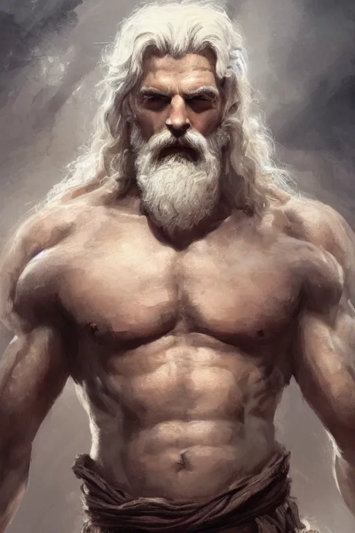 Prompt: painted portrait of rugged zeus, god of thunder, greek god, white hair, masculine, mature, handsome, robe, upper body, muscular, hairy torso, fantasy, intricate, elegant, highly detailed, digital painting, artstation, concept art, smooth, sharp focus, illustration, art by gaston bussiere and greg rutkowski