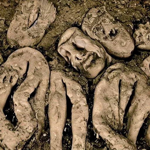 Prompt: dead heads rolling in mud