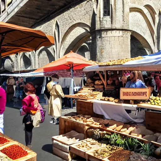 Image similar to medieval food market on a bridge