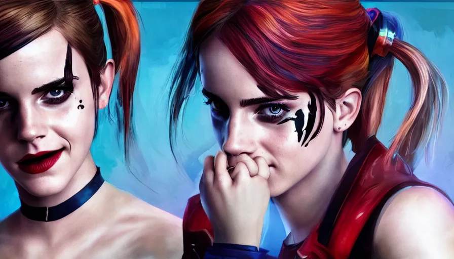 Image similar to Emma Watson is Harley Quinn, hyperdetailed, artstation, cgsociety, 8k