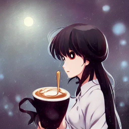 Prompt: portrait of a girl drinking cappucino during rain, anime fantasy illustration by tomoyuki yamasaki, kyoto studio, madhouse, ufotable, trending on artstation