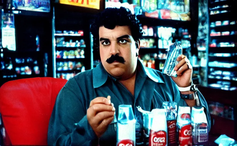 Prompt: pablo escobar selling coke in metaverse. cinestill, cyberpunk.