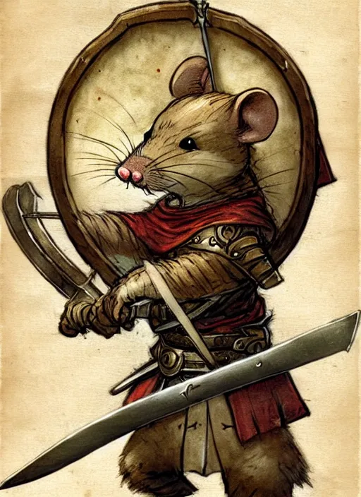 Image similar to a heroic mouse knight with sword and shield on a parchment background, redwall, jean baptiste monge, detailed, epic fantasy concept art