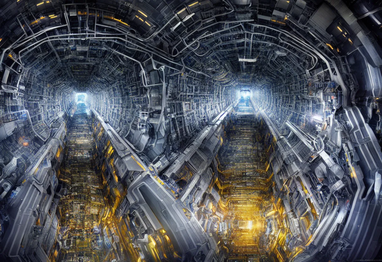 Prompt: inside of cern large hadron collider, pulled apart, ultra high definition, ultra detailed, matte painting, by greg rutkowski and ross tran and wlop