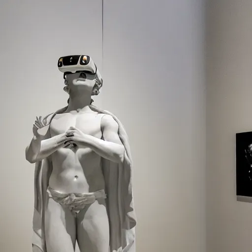 Prompt: a greek white marble statue wearing a vr headset displayed in a museum
