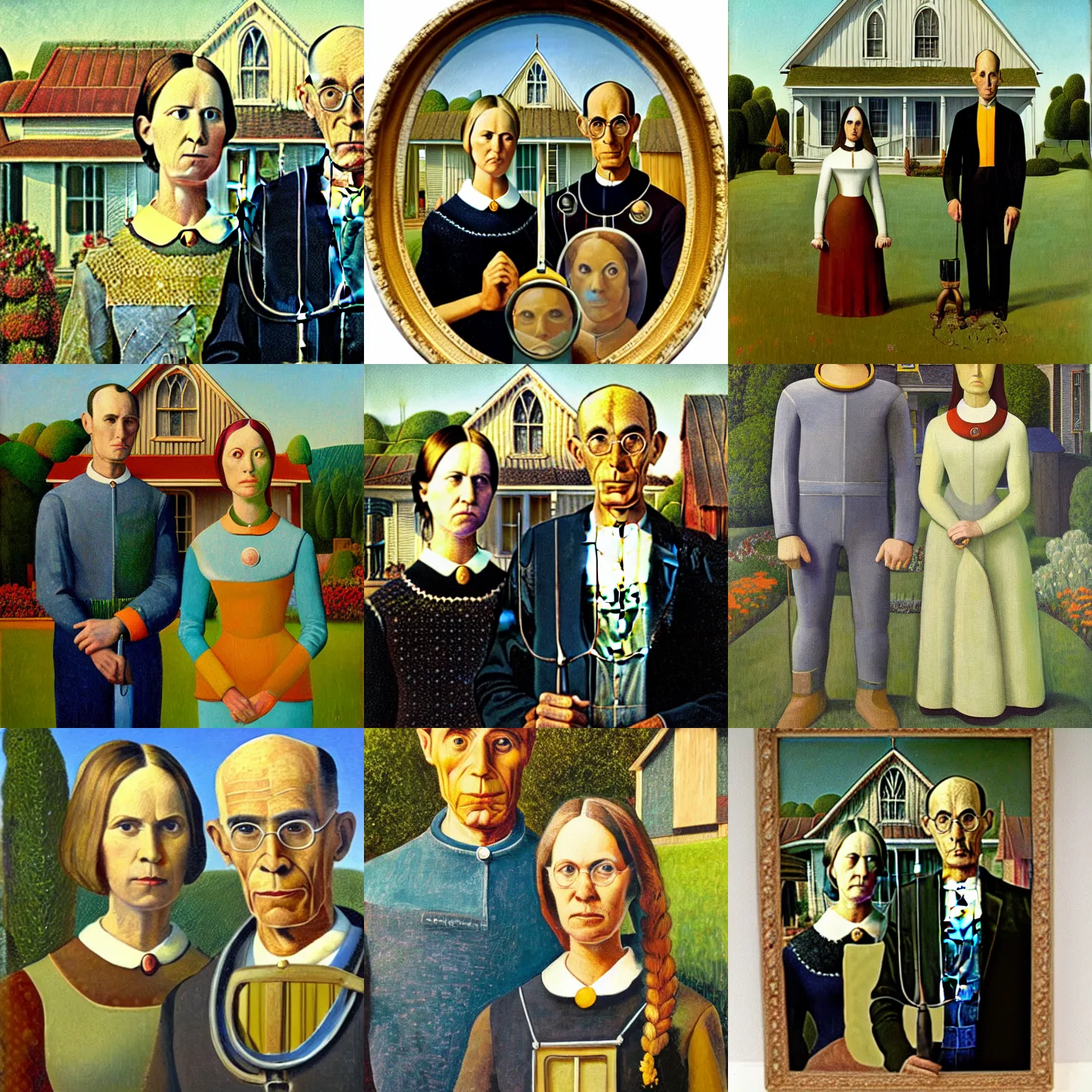 Prompt: a painting by grant wood of an astronaut couple in a garden in the style of american gothic