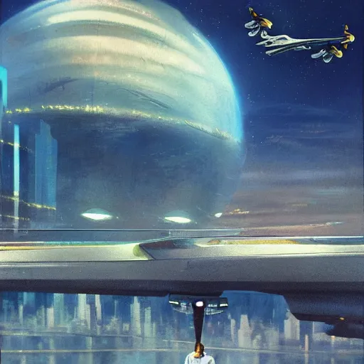 Image similar to gorgeous sci fi imagery | landing spot | space and city flying craft | futuristic | beautiful couple in the foreground heading to their hovering transport | futurism | modern couple | futuristic cityscape in the background | low angle | golden ratio | by john berkey, greg rutkowski, james gurney