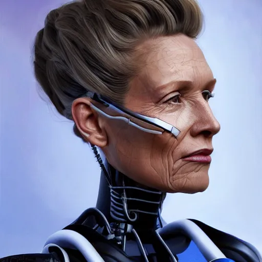 Prompt: extremely detailed portrait of the first beautiful female cyborg president of the united states of america. highly detailed lifelike photorealistic digital painting, artstation.