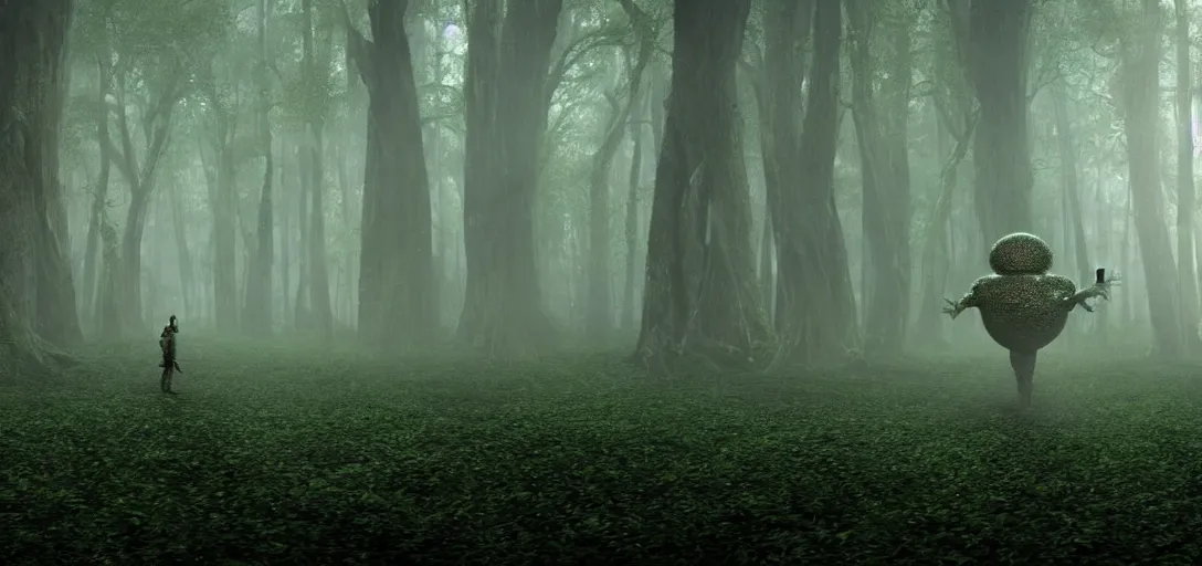 Image similar to a humans perspective of a complex organic fractal 3 d metallic symbiotic ceramic humanoid megastructure creature in a swampy lush forest, foggy, cinematic shot, photo still from movie by denis villeneuve