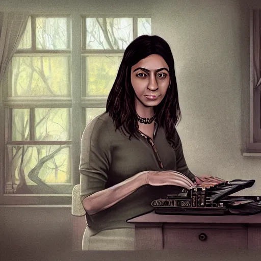 Image similar to a brown female author writing a book on a typewriter in an eerie cottage in the woods, detailed digital art, trending on artstation, realistic! 8k, anatomically correct