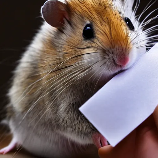 Image similar to detailed photo of a hamster holding a sealed letter, various poses, full body, unedited, daylight, dof, sharp focus, 8 k