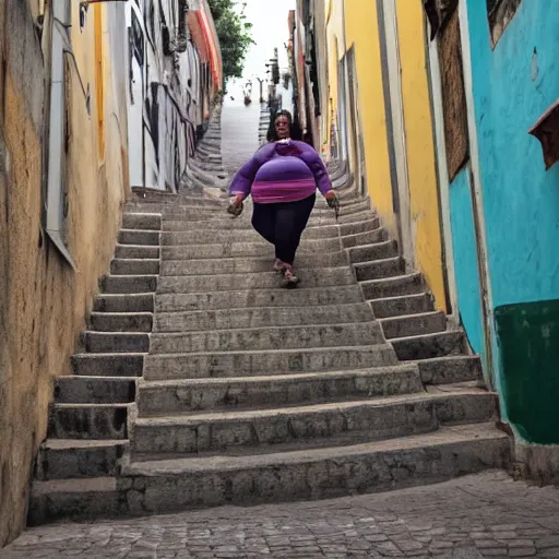 Image similar to an obese Indian woman holding a rollator climbing steps in Porto