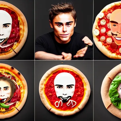 Image similar to epic professional digital award winning food photo of a pizza shaped like zaz efron's face, artstation, cgsociety, epic, stunning, gorgeous, much wow, much detail
