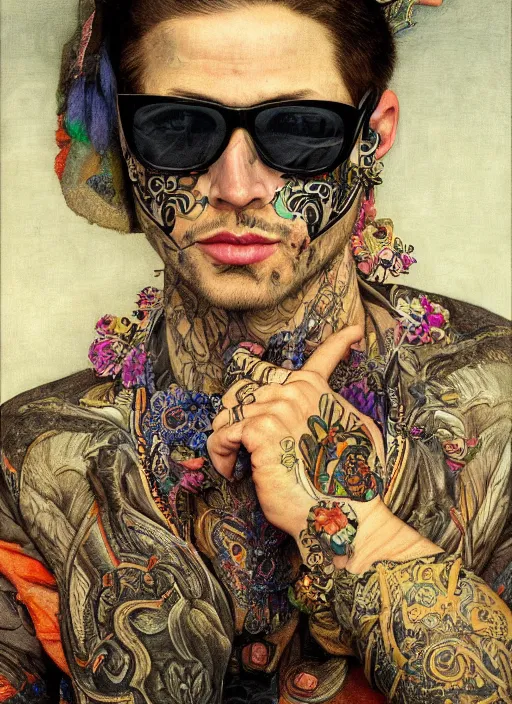 Prompt: close - up portrait of a handsome man with tattoos wearing sunglasses and a mask with colourful intricate psychodelic patterns, by edgar maxence and caravaggio and michael whelan and delacroix style, artistic, intricate drawing, light brazen, realistic fantasy, extremely detailed and beautiful aesthetic face, establishing shot, 8 k resolution, dramatic lighting