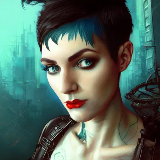 Prompt: character portrait of a retro punk woman in a pixie cut, shaved side of head, dystopian cyberpunk steampunk soviet mood, intricate, wild, highly detailed, digital painting, artstation, upper body, concept art, smooth, sharp focus, illustration, art by artgerm and greg rutkowski and alphonse mucha