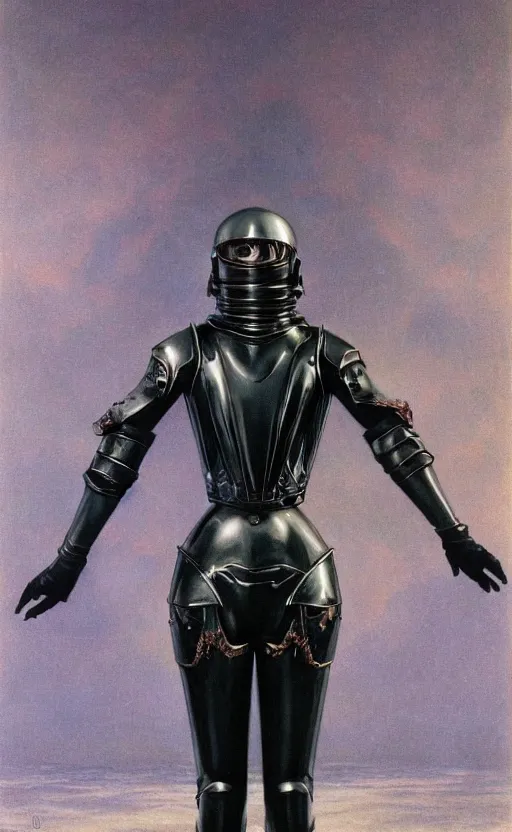 Prompt: full body portrait of beautiful gothic and futuristic fashion model, elegant smooth space armour, cyber armour, helmet, highly detailed, artstation, illustration, composition, 8 k quality, art by jean delville, rene magritte, hyperrealism oil painting