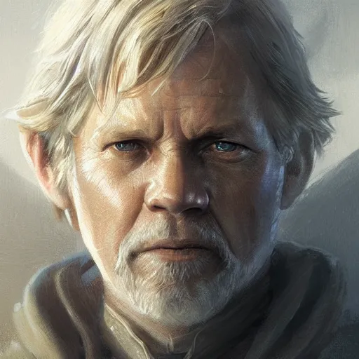 Image similar to portrait of a man by Greg Rutkowski, old jedi Master Luke Skywalker from Star Wars Expanded Universe, he is about 60 years old, wearing tactical jedi gear, highly detailed portrait, digital painting, artstation, concept art, smooth, sharp foccus ilustration, Artstation HQ