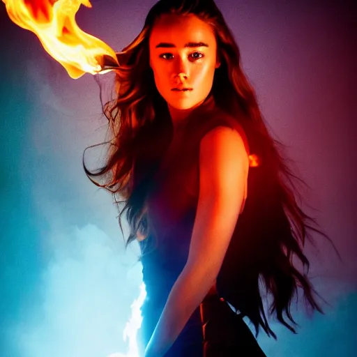 Image similar to full body of alycia debnam carey as a pyromancer , aruze colour aura, dreamwalker, EOS R5, f/2.8, HDR, studio light, medium close shot, dynamic pose, award winning photograph, Michelangelo style