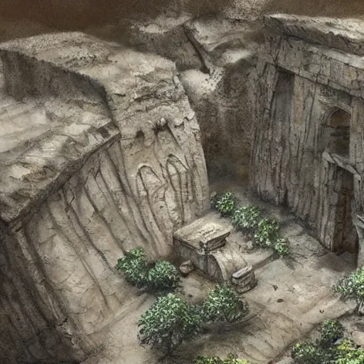 Prompt: ancient ruined city carved into a tall cliff rock, concept art