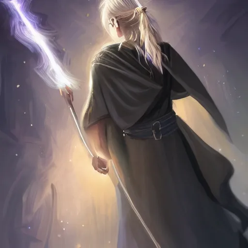 Image similar to Young, handsome wizard with a blonde ponytail wearing exquisite black robes, a spider cloak and wielding a legendary staff of light. Magic flux. High fantasy, digital painting, HD, 4k, detailed.